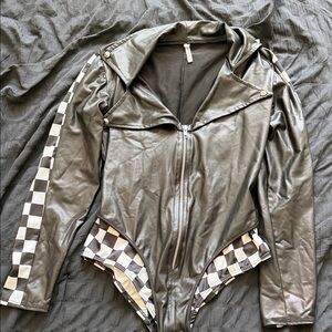 Roma Black Leather bodysuit with White Checkered Sleeves